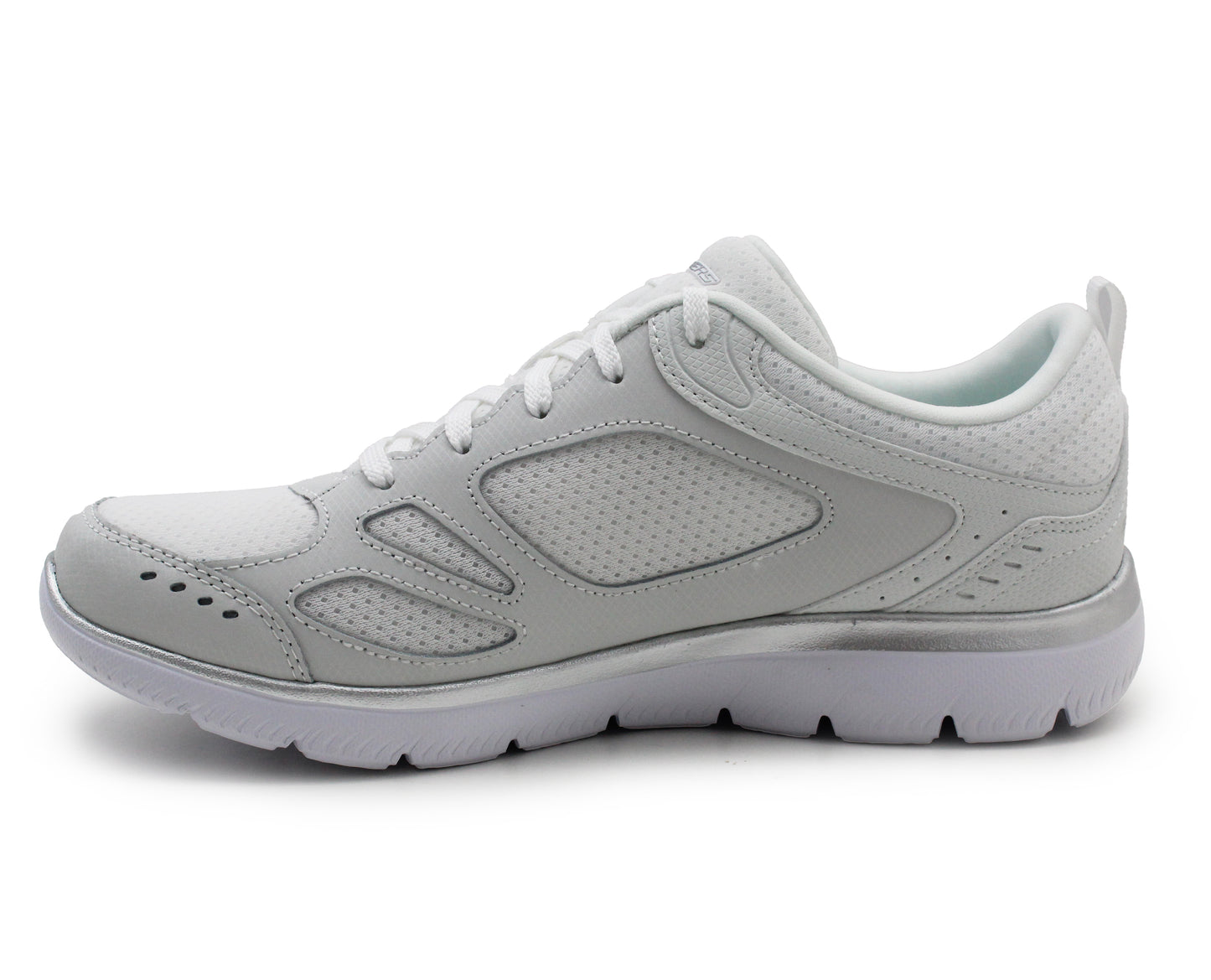 Skechers Women's Summits Suited Lace Up Low-Top Sneakers Skech-Flex Memory Foam Insole White Silver