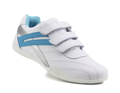 Womens Ladies Triple Touch Fasten Casual Flat Pumps Active Running Walking Trainers White Blue