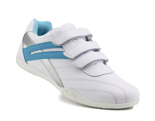 Womens Ladies Triple Touch Fasten Casual Flat Pumps Active Running Walking Trainers White Blue