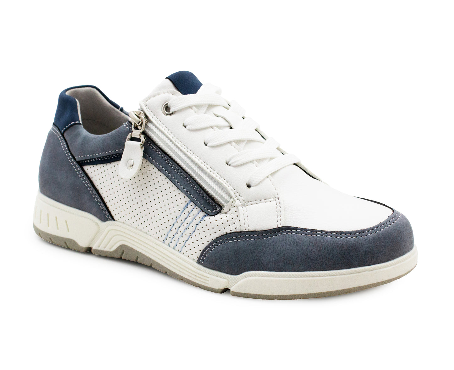 Womens Lace Up Trainers with Side Zip Fastening Ladies Flat Low Top Fashion Sneaker Breathable Casual Sports Shoes White Blue
