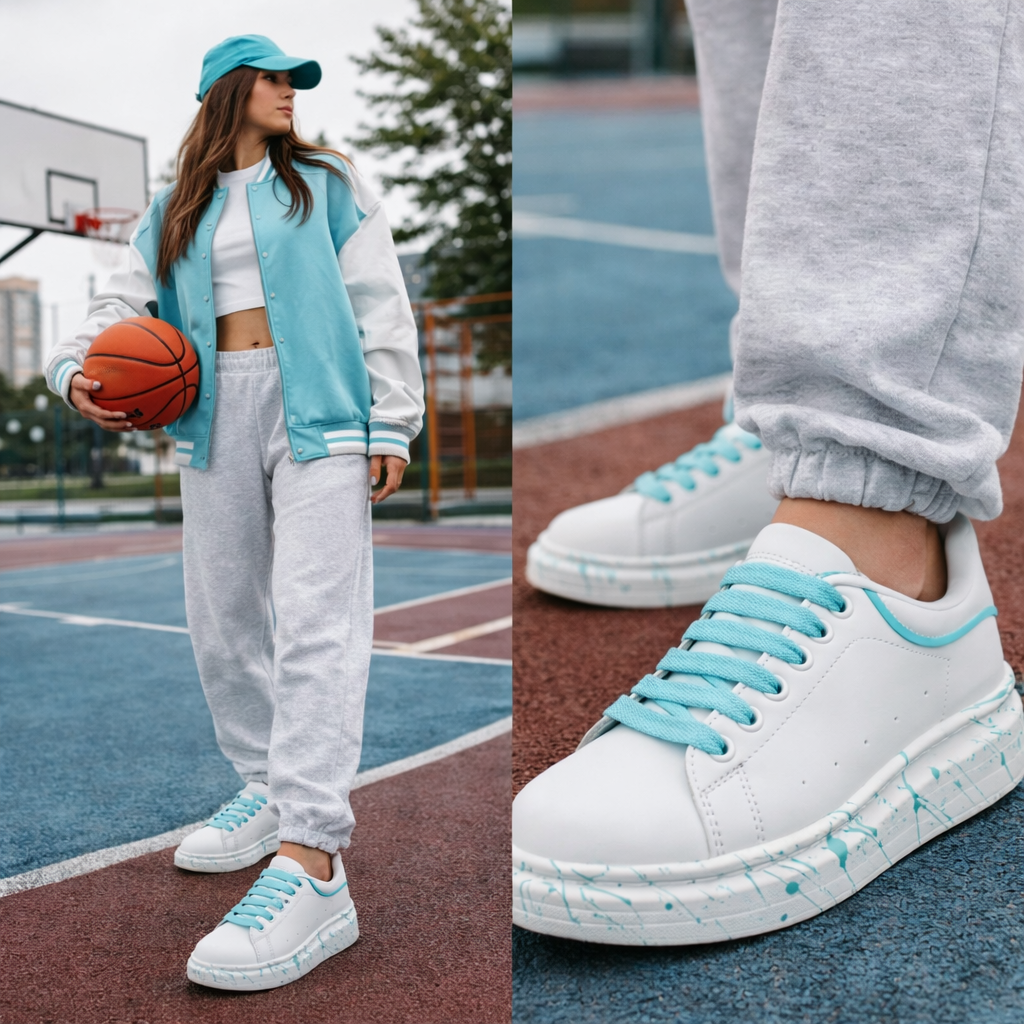 Womens Platform Trainers Ladies Lace Up Chunky Sole Casual Low Top Fashion Sneakers White Blue