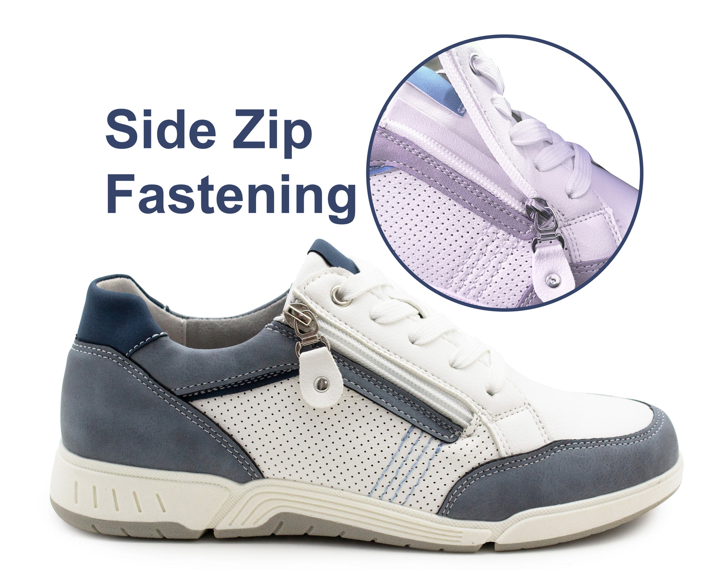 Womens Lace Up Trainers with Side Zip Fastening Ladies Flat Low Top Fashion Sneaker Breathable Casual Sports Shoes White Blue
