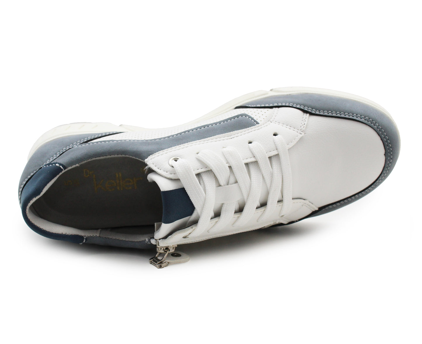 Womens Lace Up Trainers with Side Zip Fastening Ladies Flat Low Top Fashion Sneaker Breathable Casual Sports Shoes White Blue