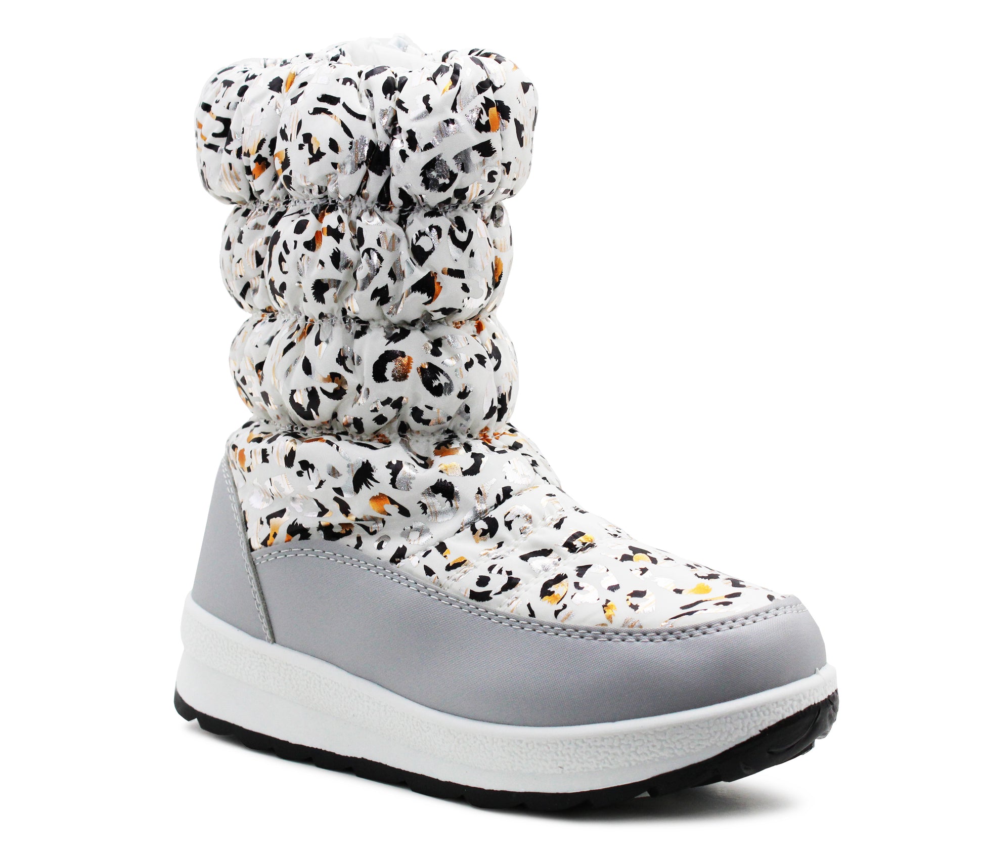 Girls Grey Leopard Winter Snow Boots Kids Thermal Quilted Faux Fur Lined Zip Up Mid Calf Ankle Booties