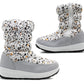 Girls Grey Leopard Winter Snow Boots Kids Thermal Quilted Faux Fur Lined Zip Up Mid Calf Ankle Booties