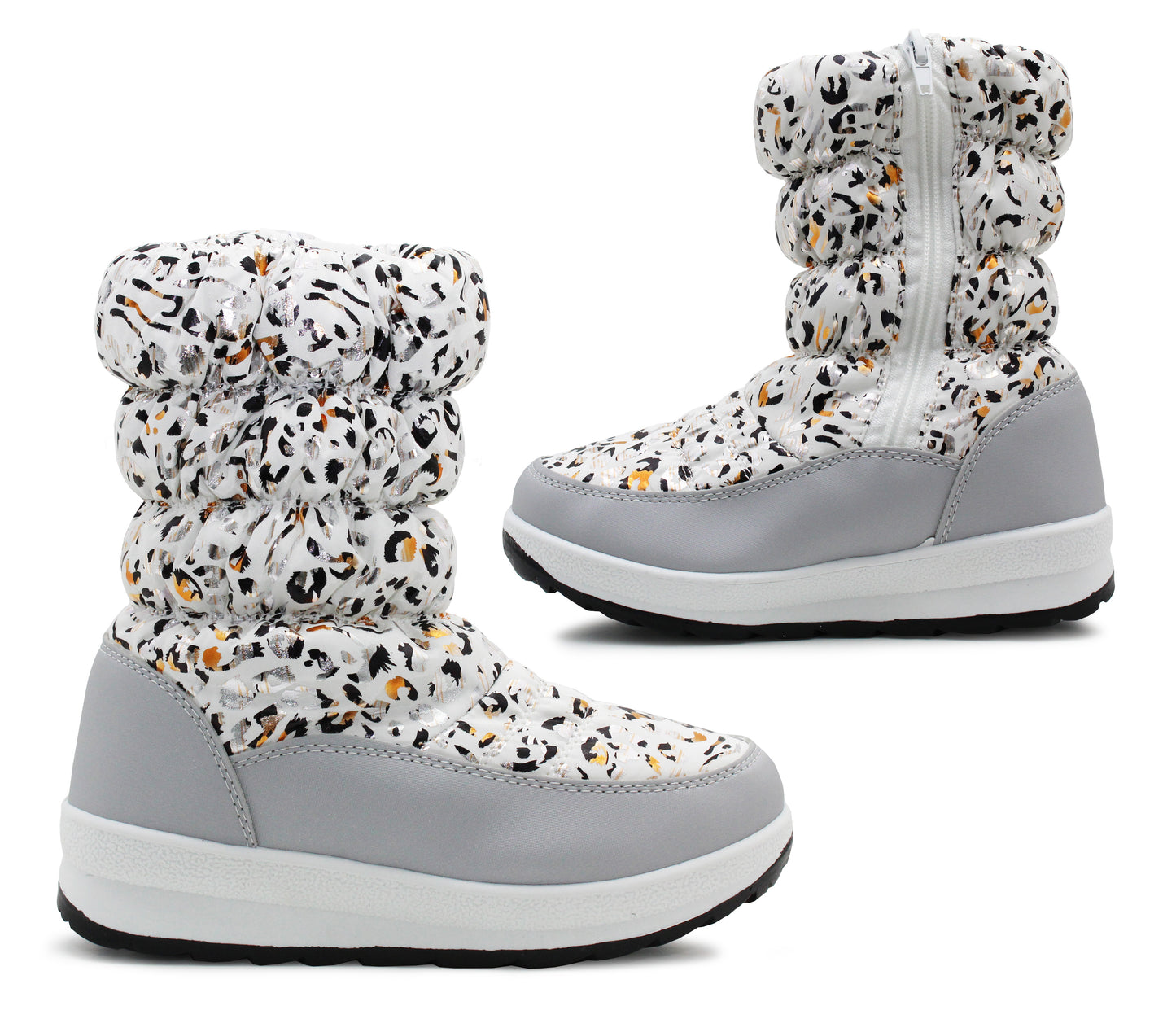 Girls Grey Leopard Winter Snow Boots Kids Thermal Quilted Faux Fur Lined Zip Up Mid Calf Ankle Booties