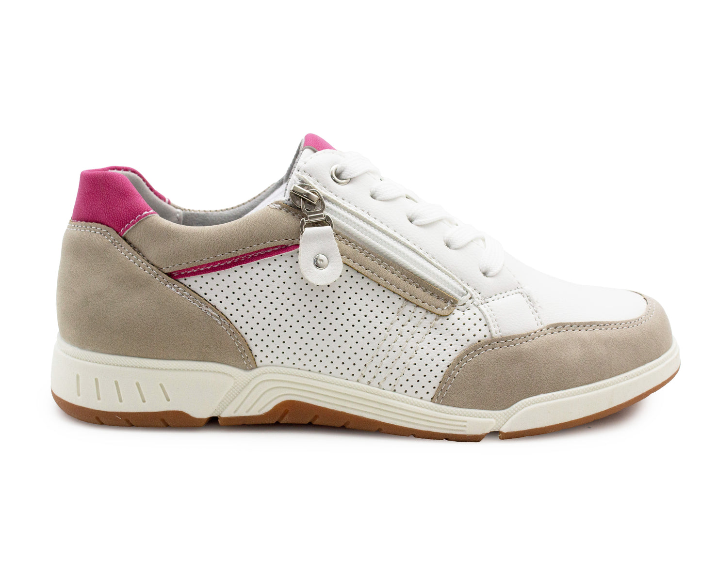 Womens Lace Up Trainers with Side Zip Fastening Ladies Flat Low Top Fashion Sneaker Breathable Casual Sports Shoes White Pink