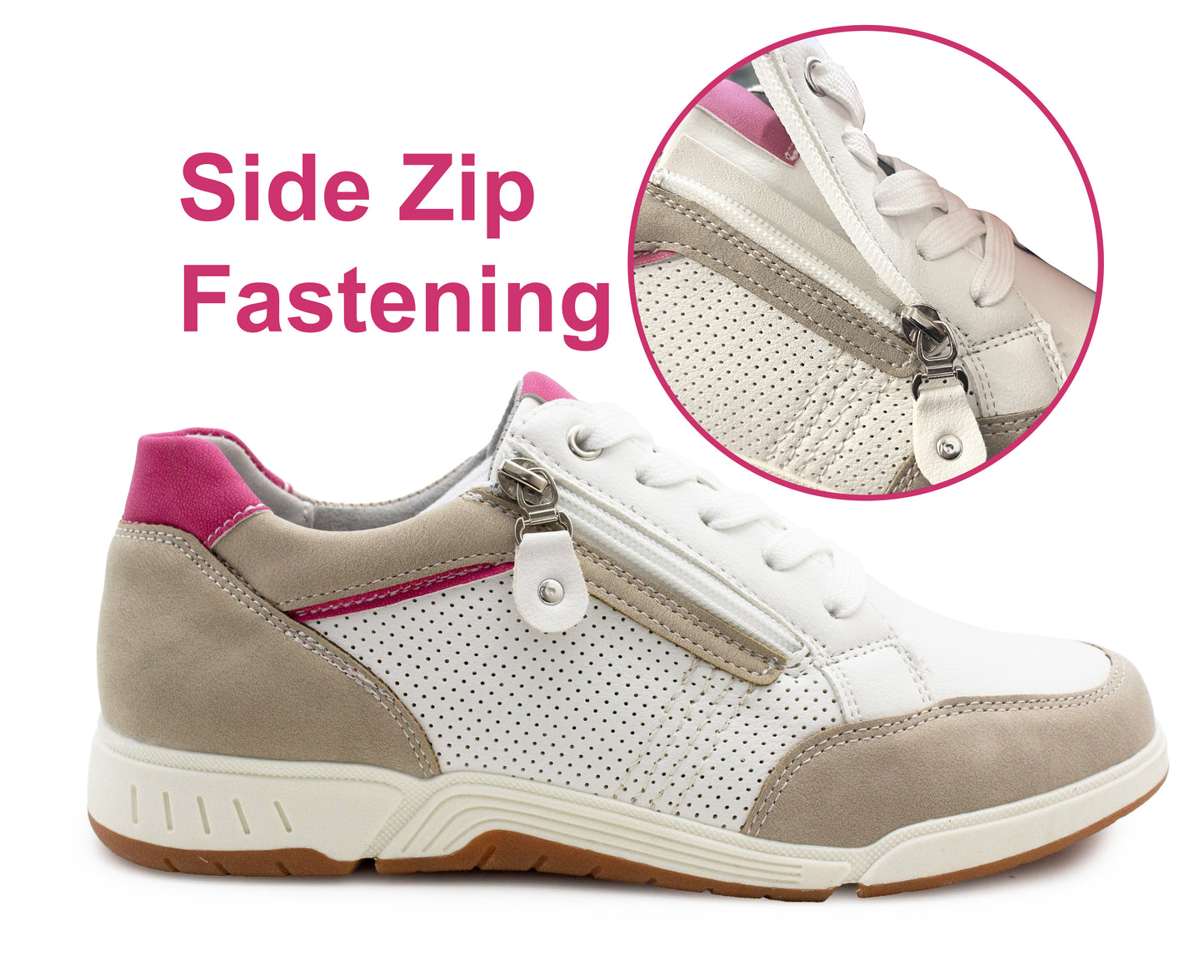 Womens Lace Up Trainers with Side Zip Fastening Ladies Flat Low Top Fashion Sneaker Breathable Casual Sports Shoes White Pink
