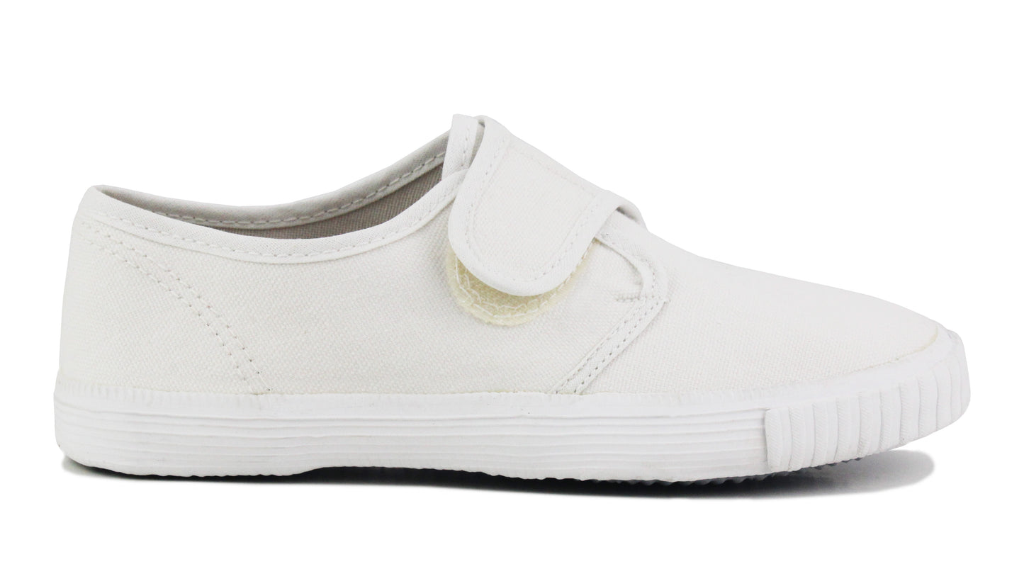 Unisex Boys Kids Touch Fasten Canvas Back to School Uniform PE Pumps Sports Trainers Plimsolls White Touch Fasten Strap