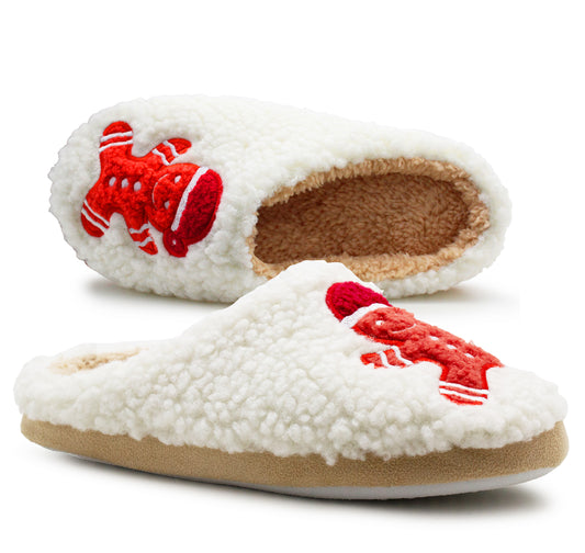 Womens Festive Christmas Slippers Warm Lined Fleece Slip On Ladies Lightweight Indoor Gingerbread Man House Shoes
