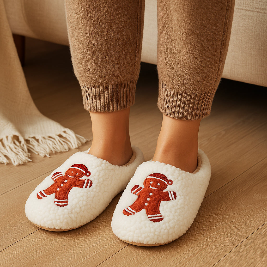 Womens Festive Christmas Slippers Warm Lined Fleece Slip On Ladies Lightweight Indoor Gingerbread Man House Shoes