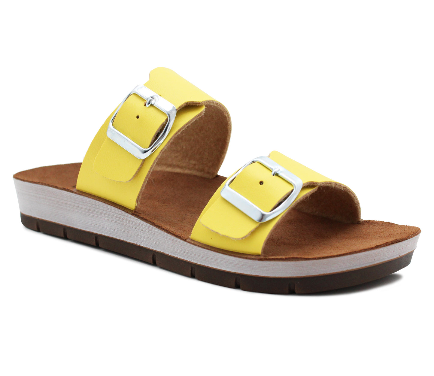 Womens Twin Buckle Strap Sandals in Yellow Adjustable Slip On Mule Flat Summer Casual Ladies Fashion Slides