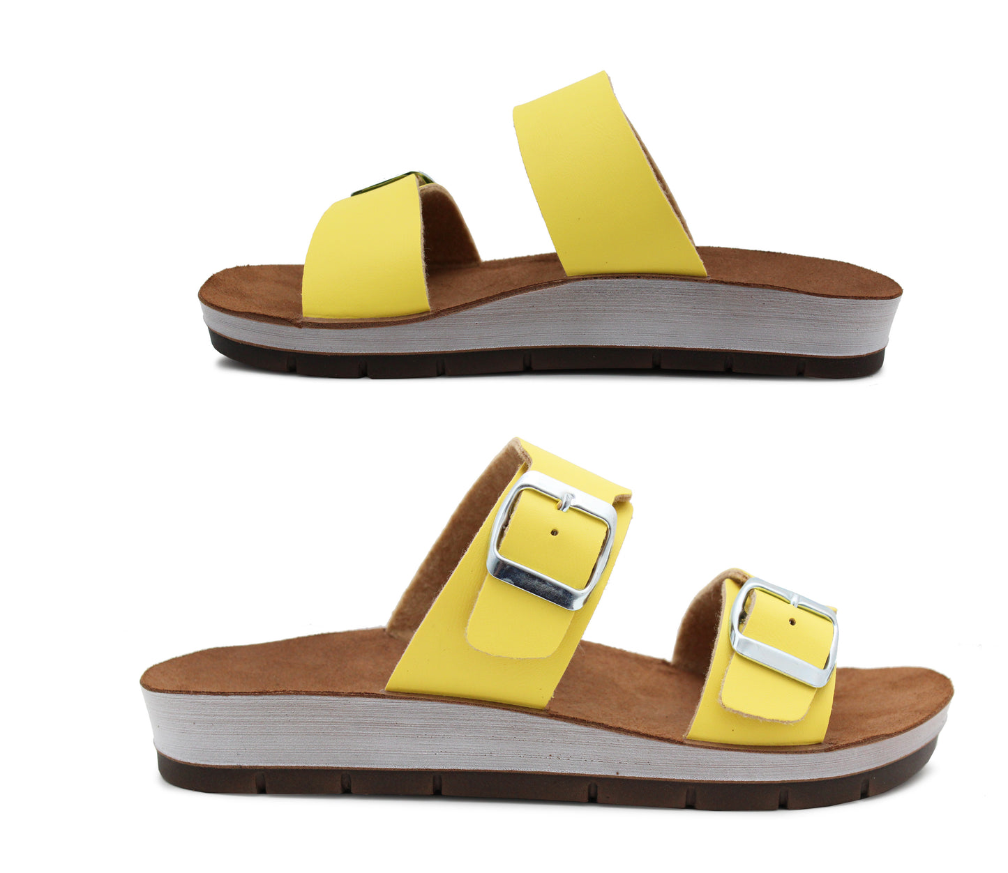 Womens Twin Buckle Strap Sandals in Yellow Adjustable Slip On Mule Flat Summer Casual Ladies Fashion Slides