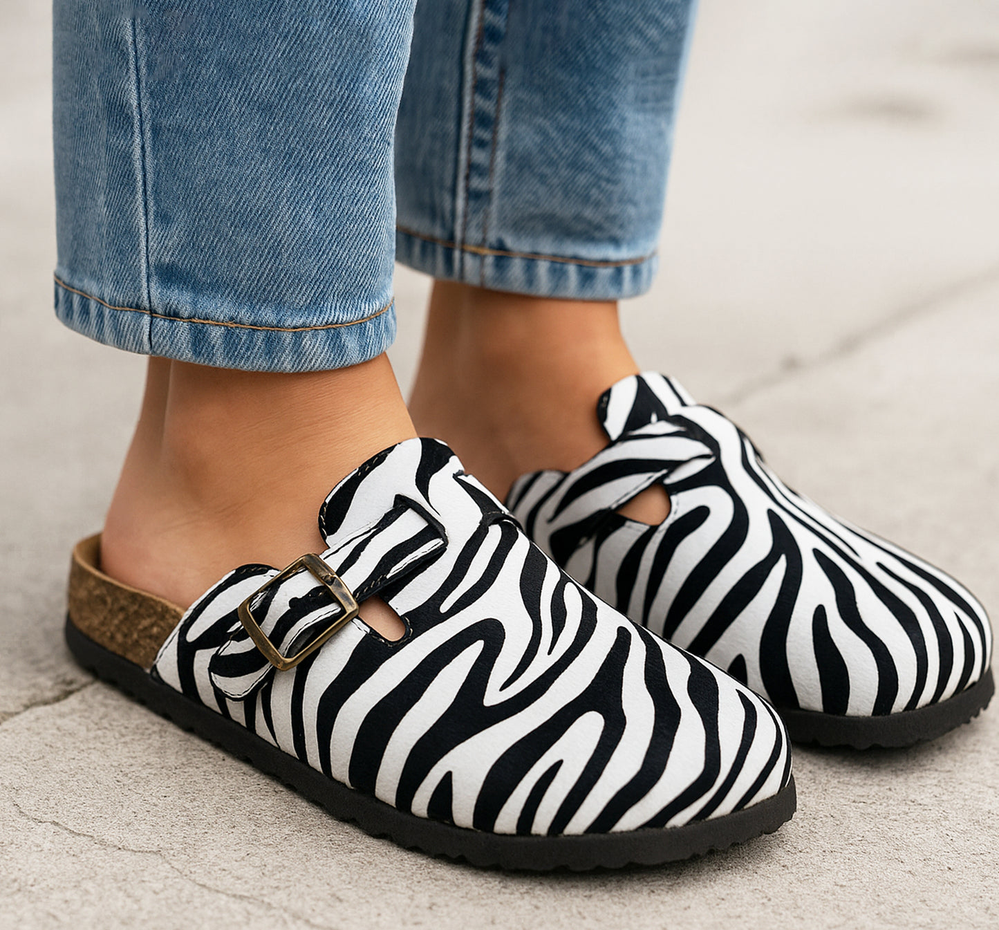 Womens Faux Suede Clogs Slip On Adjustable Buckle Cork Footbed Arch Support Ladies Backless Mules Flat Casual Slippers