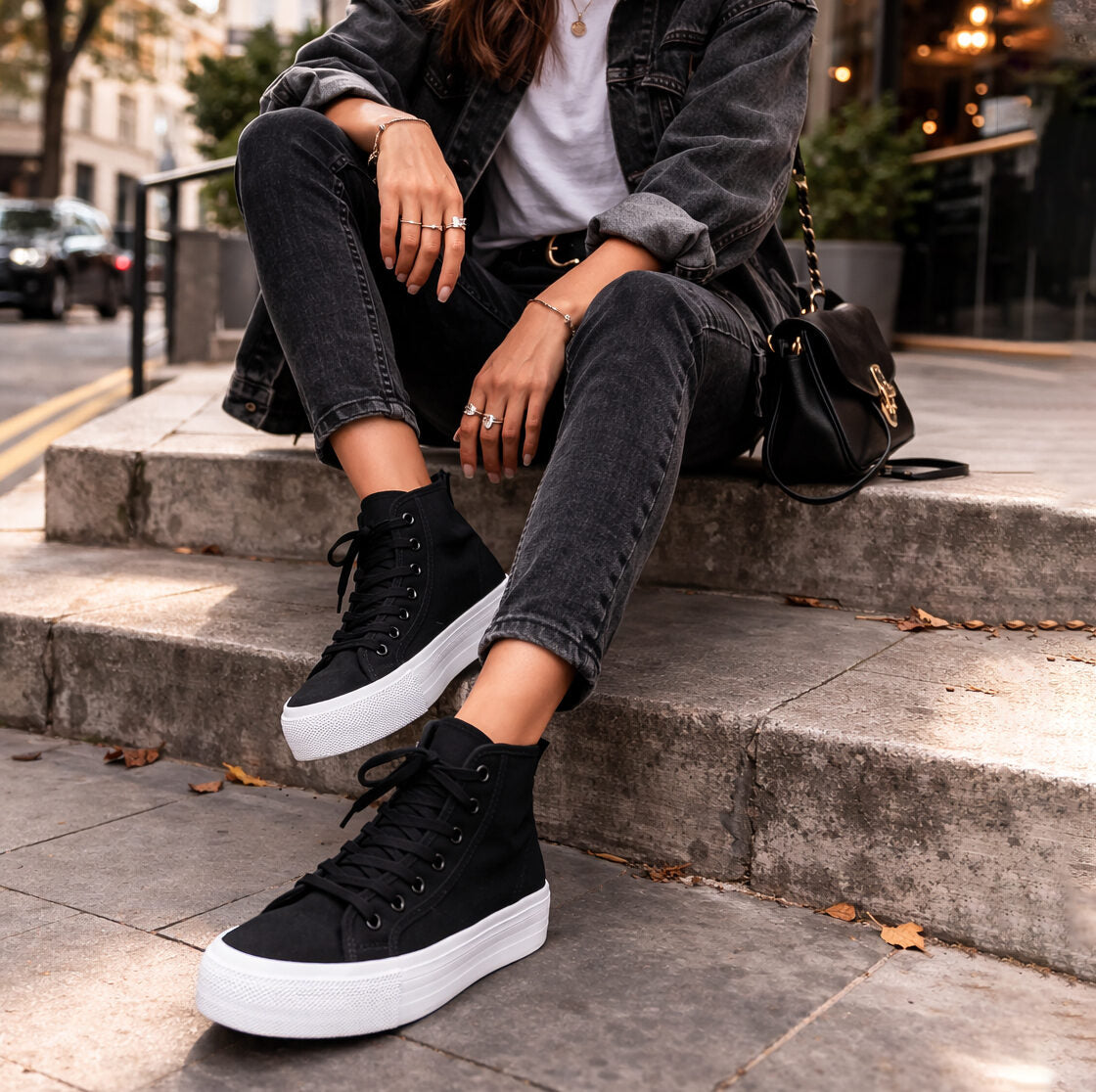 Womens Platform High Top Trainers Canvas Lace Up Sneakers Ladies Chunky Sole Casual Fashion Pumps