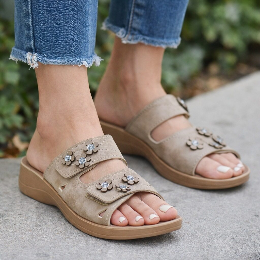 Womens Backless Sandals Touch Fasten Slip On Low Wedge Open Toe Mules Summer Fashion Beach Slides Flip Flops