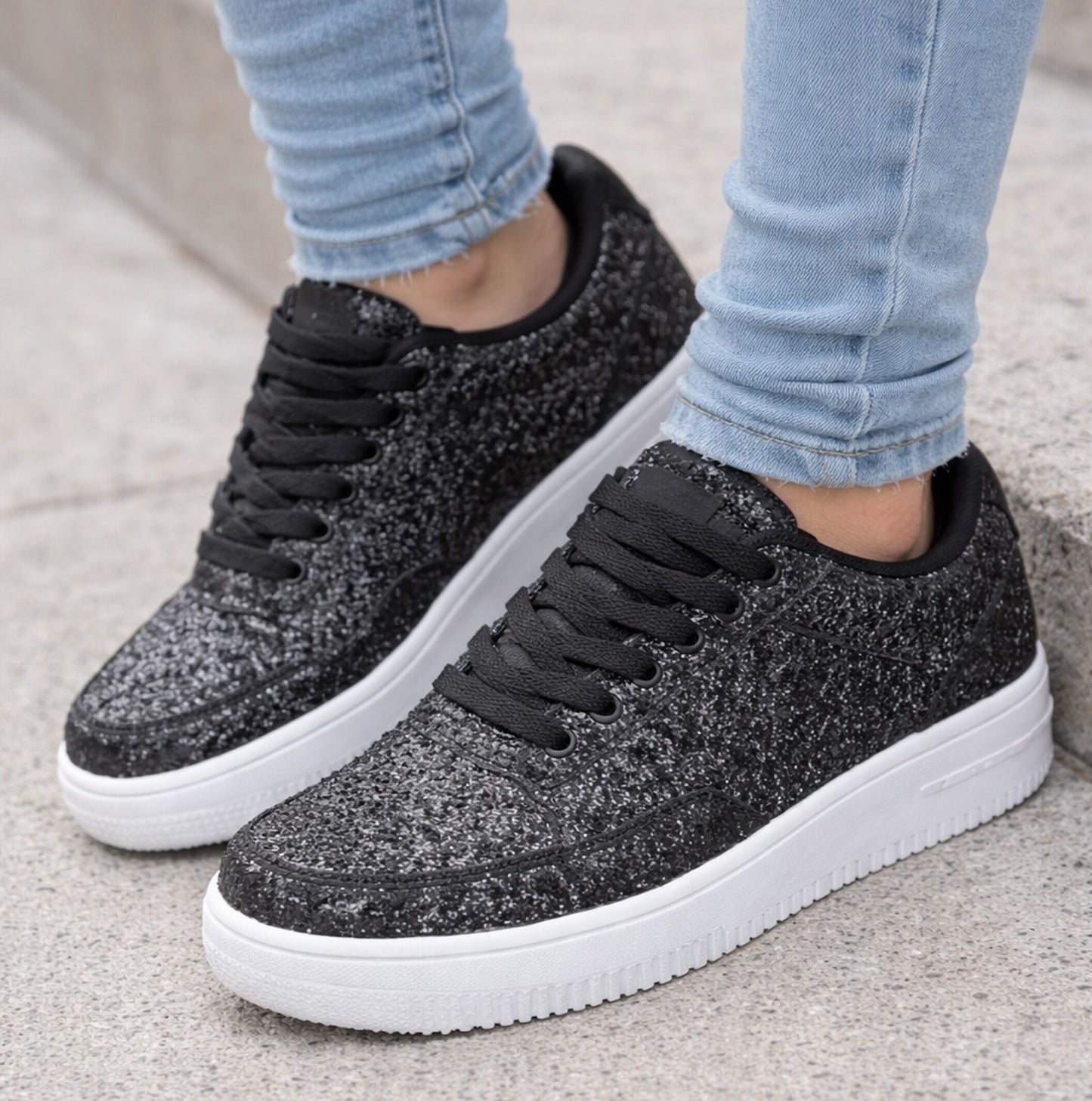 Womens Platform Trainers Ladies Lace Up Glitter Chunky Sole Casual Low Top Fashion Sneakers