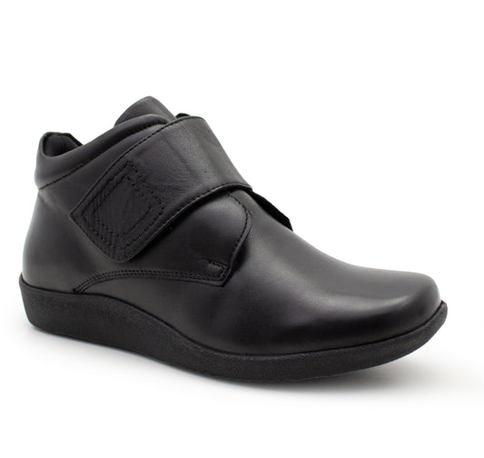 Womens Leather Boots Ladies Touch Fasten Strap Smart Office Casual Ankle Boots in Black