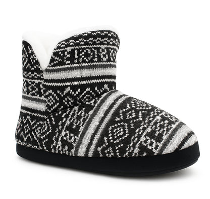 Womens Ankle Boot Slippers Knitted Fair Isle Warm Faux Fur Lined Slip On Cosy Lightweight Snuggle Booties