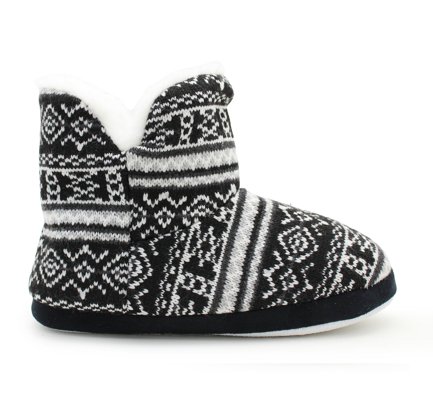Womens Ankle Boot Slippers Knitted Fair Isle Warm Faux Fur Lined Slip On Cosy Lightweight Snuggle Booties