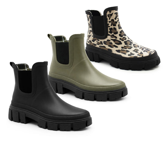 Womens Waterproof Wellies Platform Ankle Boots Chunky Sole Wellingtons Ladies Slip On Short Fashion Wellie Chelsea Rain Boots