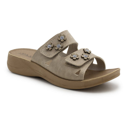 Womens Backless Sandals Touch Fasten Slip On Low Wedge Open Toe Mules Summer Fashion Beach Slides Flip Flops