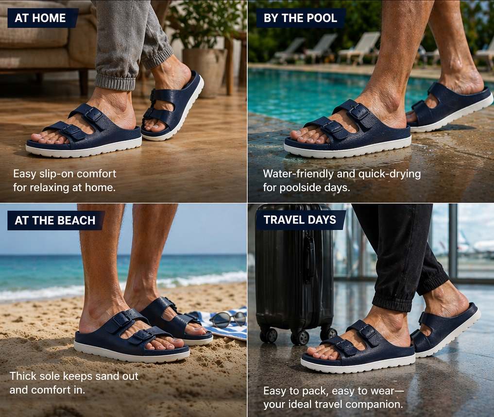 Mens Slide Sandals Lightweight EVA Backless Slip On Adjustable Buckle Straps Pool Sliders Beach Flip Flops Mule Sandals