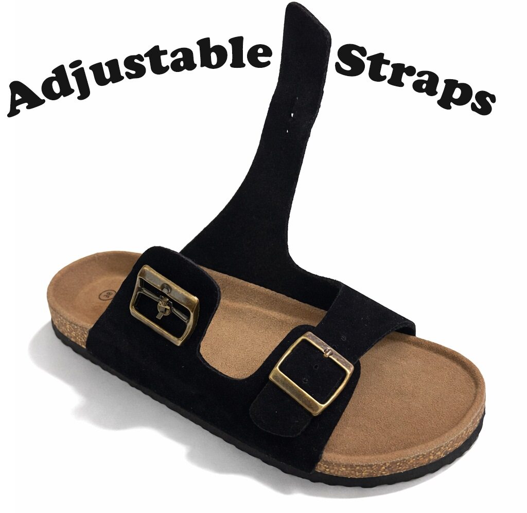 Womens Sandals Cork Footbed Double Buckle Adjustable Strap Slides Open Toe Ladies Summer Beach Slip On Casual Comfort Flat Sandals