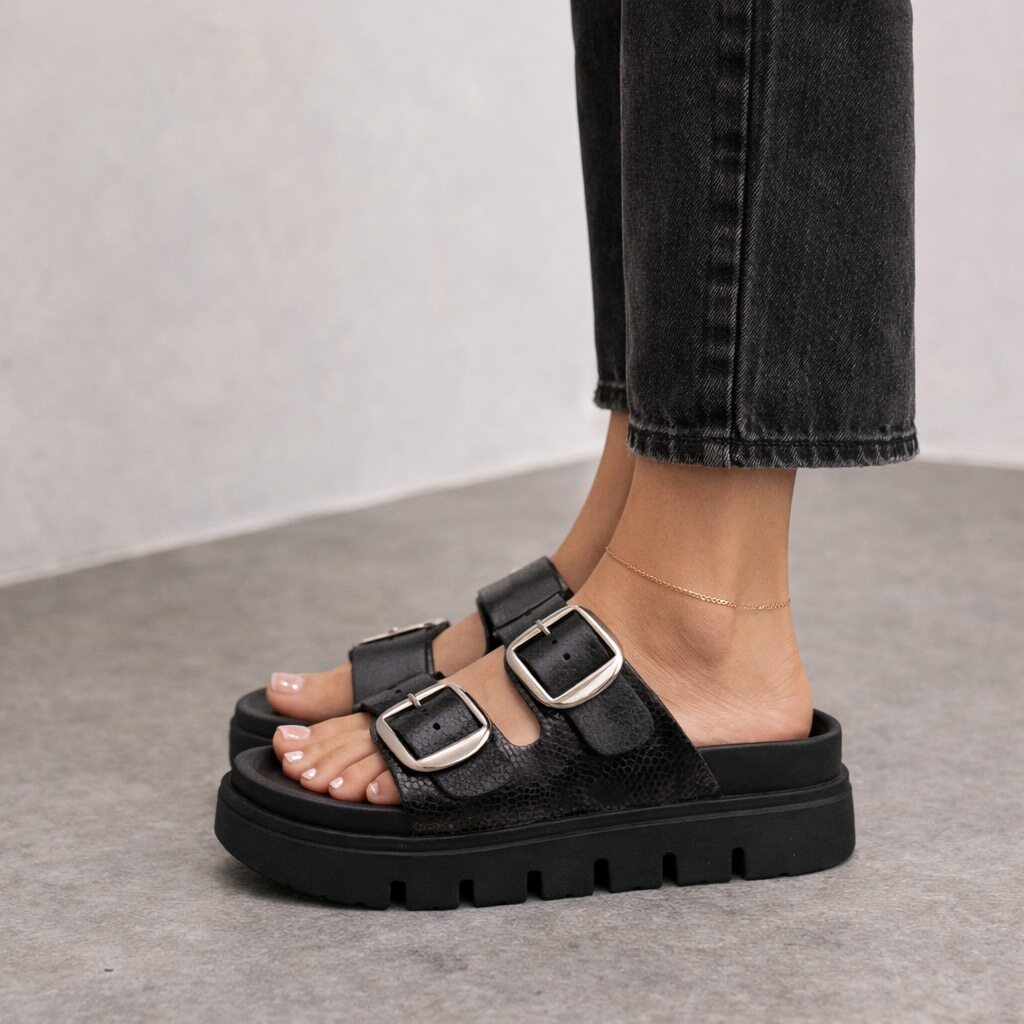 Womens Platform Sandals Double Buckle Adjustable Straps Ladies Slip On Chunky Sole Fashion Summer Sliders