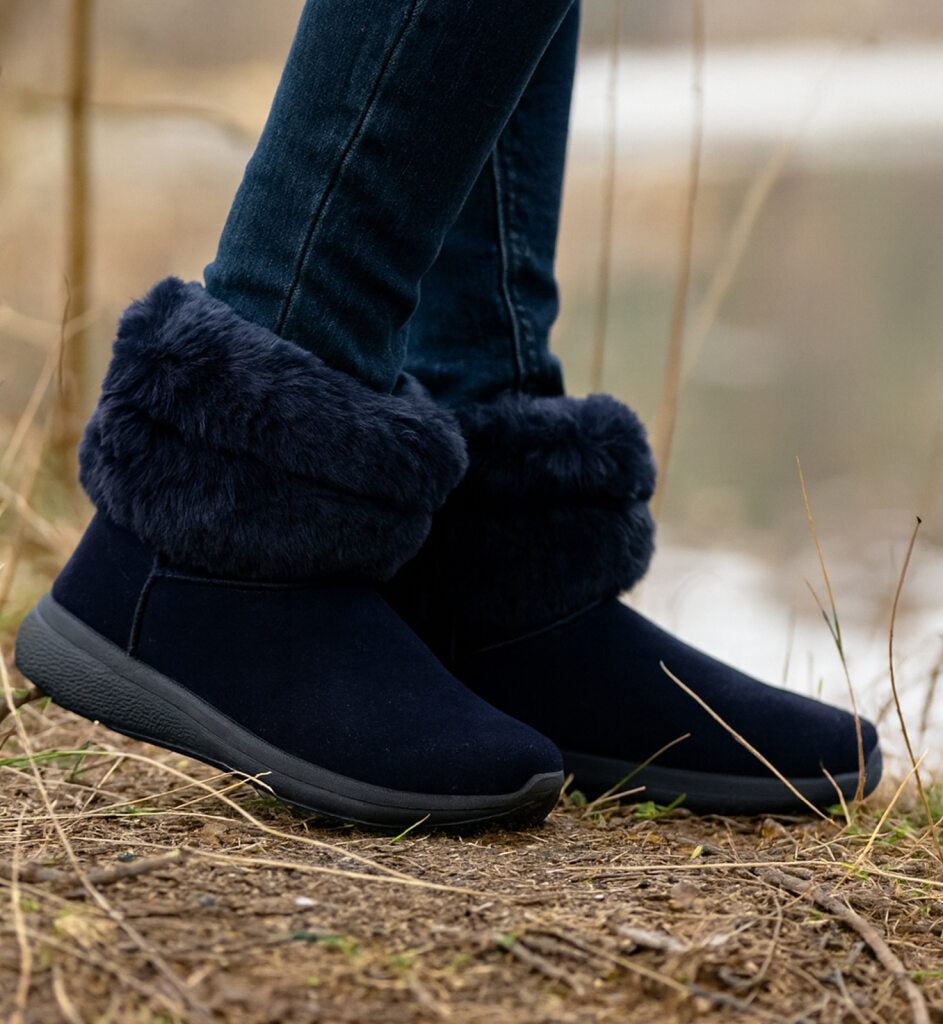 Womens Winter Boots Ladies Warm Slip On Ankle Boot Thermal Faux Suede Fur Lined Booties Navy