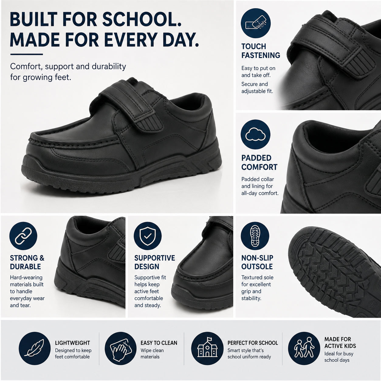 Boys Touch Fasten School Shoes Faux Leather Black to School Kids Smart Uniform Shoes