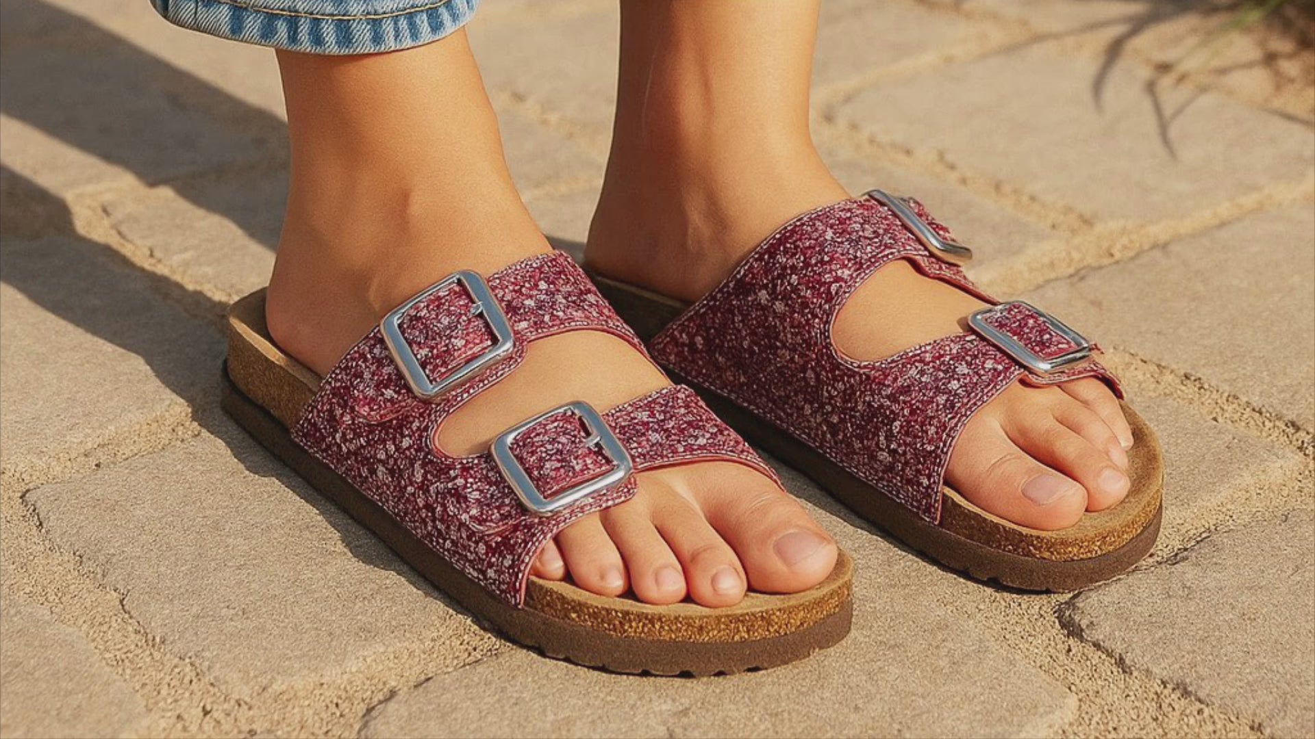 Womens Sandals Cork Footbed Pink Glitter Buckle Open Toe Slides