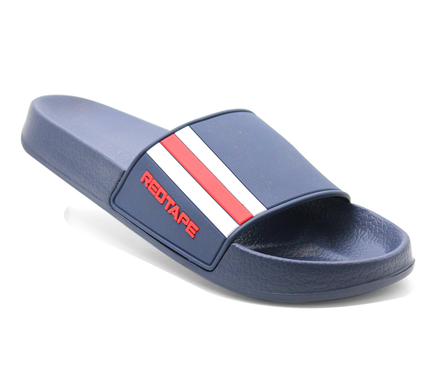 SANCHEZ Mens Red Tape Pool Sliders in Navy