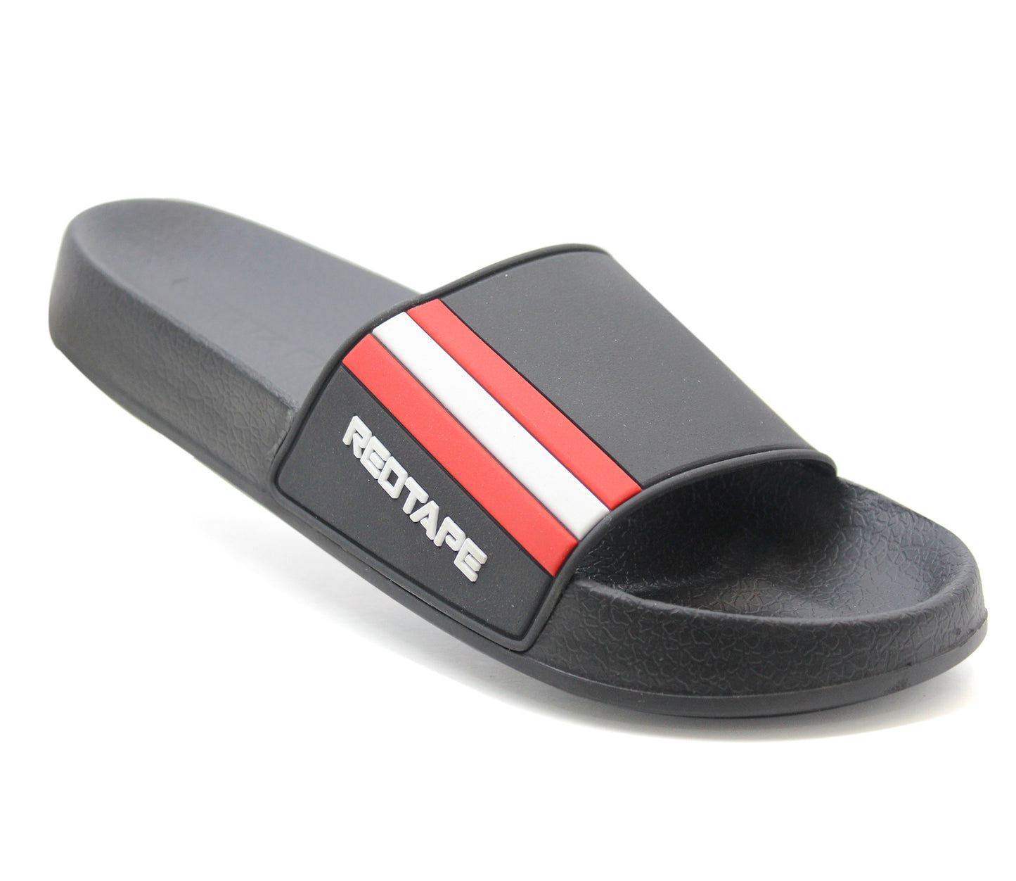 SANCHEZ Mens Red Tape Pool Sliders in Black