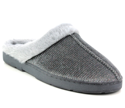 DECATOR Womens Faux Fur Lined Mules Slippers in Grey Glitter