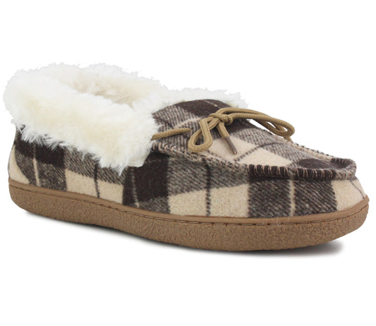 MINA Womens Faux Fur Check Slippers in Beige
