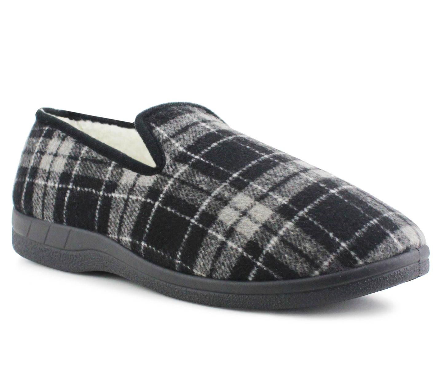 B568243 Mens Fleece Lined Check Winter Slippers in Black