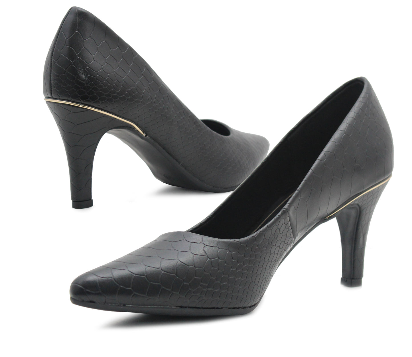 Womens court shoes Croc Print Pointed Toe Stilettoes in Black