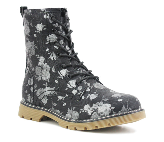 RAVEN Women's High Top Ankle Boots in Black Floral