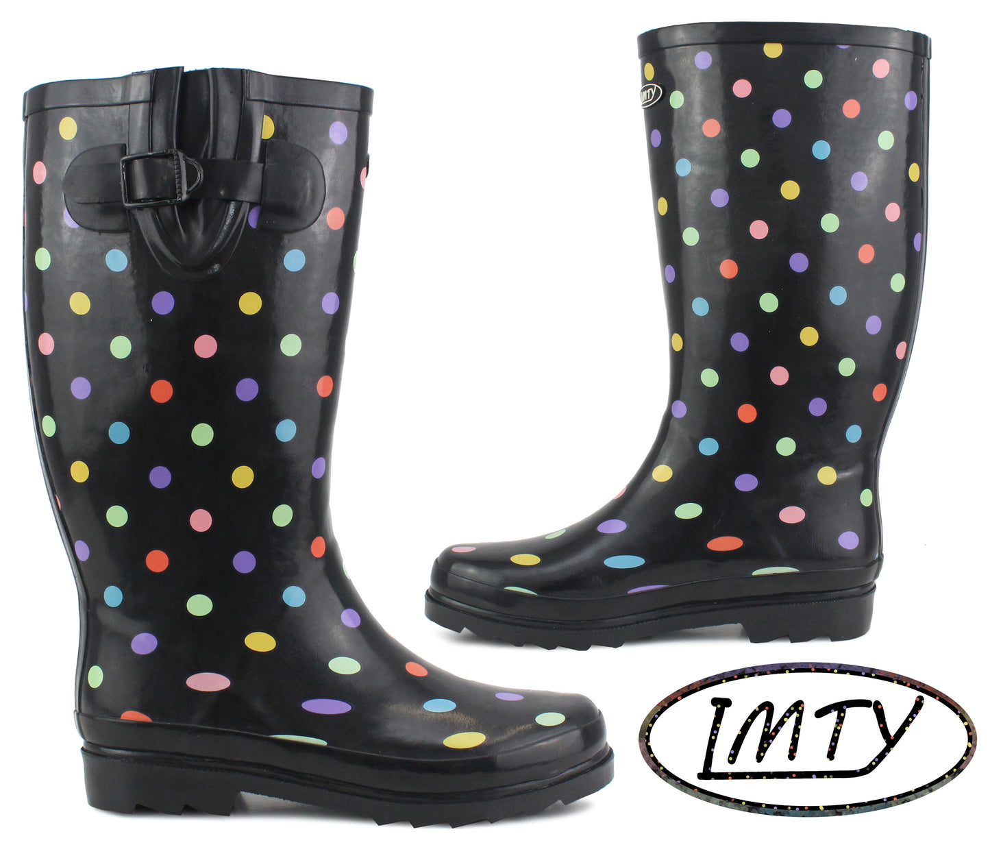 DITZY 001 Women's Black Polka Dot Adjustable Wellington Boots