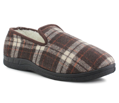 B568243 Mens Fleece Lined Check Winter Slippers in Brown