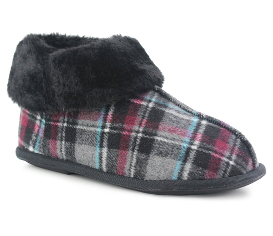 PHOEBE Womens Faux Fur Ankle Slippers in Black Check