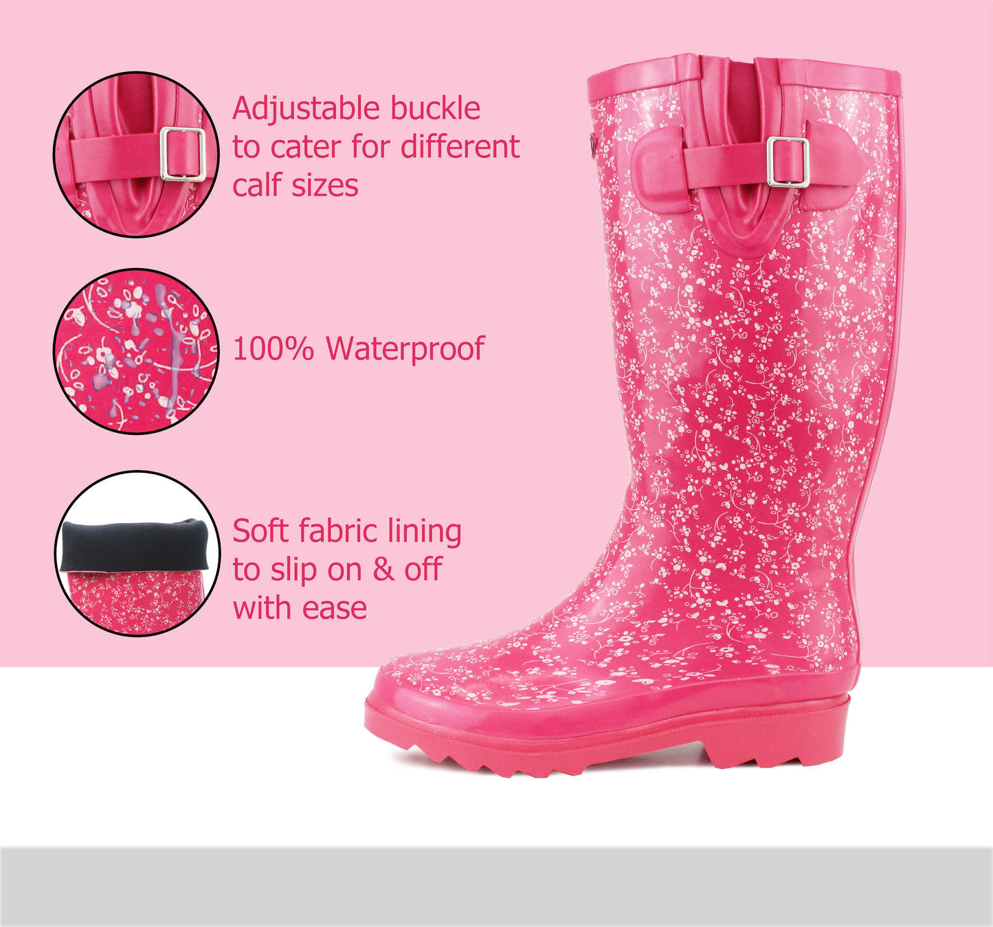Womens Adjustable Calf Wellies Waterproof Ladies Fashion Festival Dog Walking Rain Mud Wellington Boots Fuchsia Pink