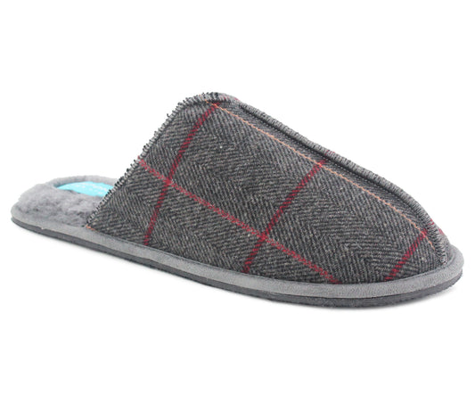 Mens Lightweight Slip On Faux Fur Lined Mules Grey Warm Winter Check Flat Backless Bedroom House Slippers