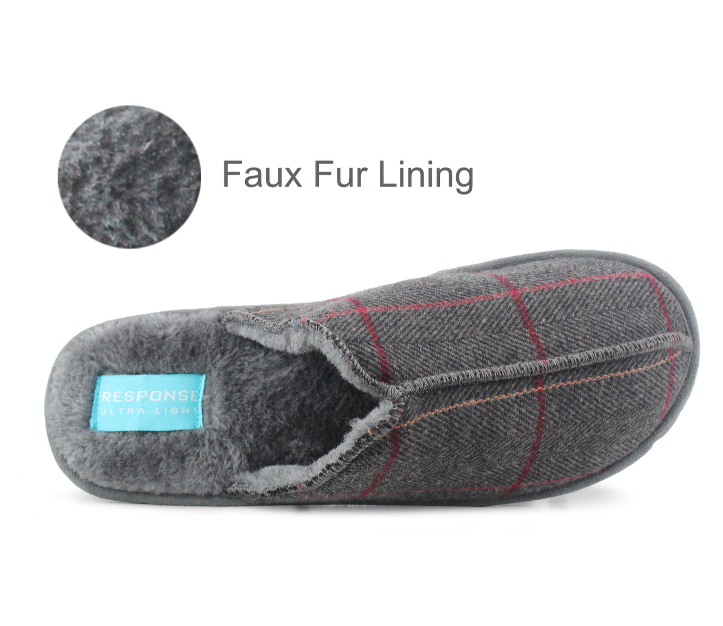 Mens Lightweight Slip On Faux Fur Lined Mules Grey Warm Winter Check Flat Backless Bedroom House Slippers