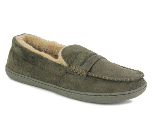 NEW HAMPSHIRE Mens Faux Fur Lined Moccasin Slippers in Khaki