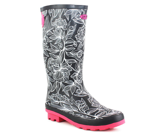 PEONY 006 Women's WIDE Adjustable Wellington Boots Navy/Pink