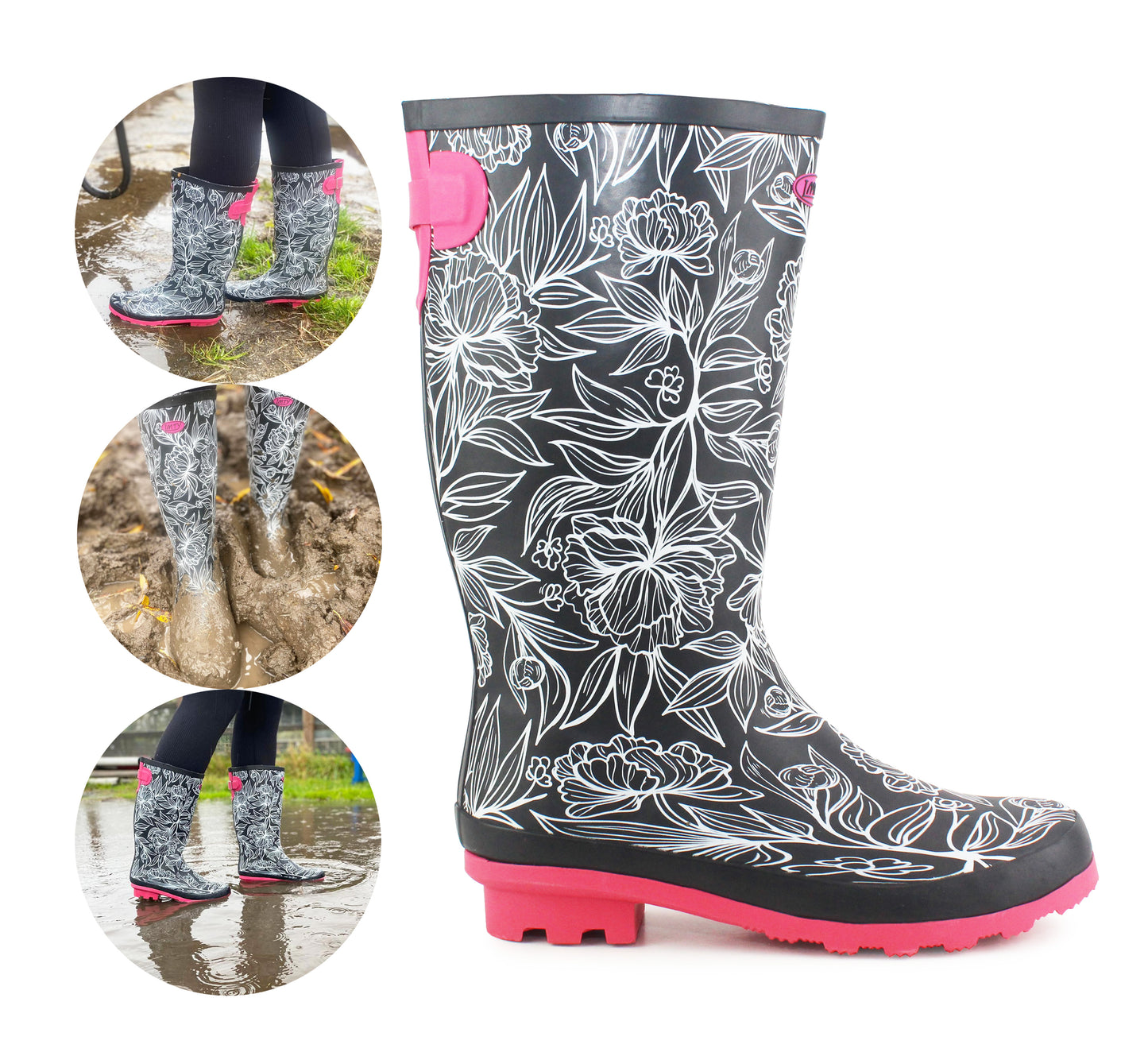 Womens Adjustable Wide Calf Wellies Ladies Waterproof Festival Fashion Rain Boot Dog Walking Mud Wellington Boots