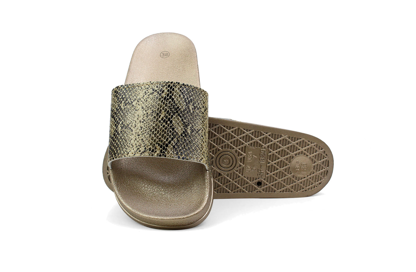 SANIA Womens Gold Snake Print Beach Pool Sliders