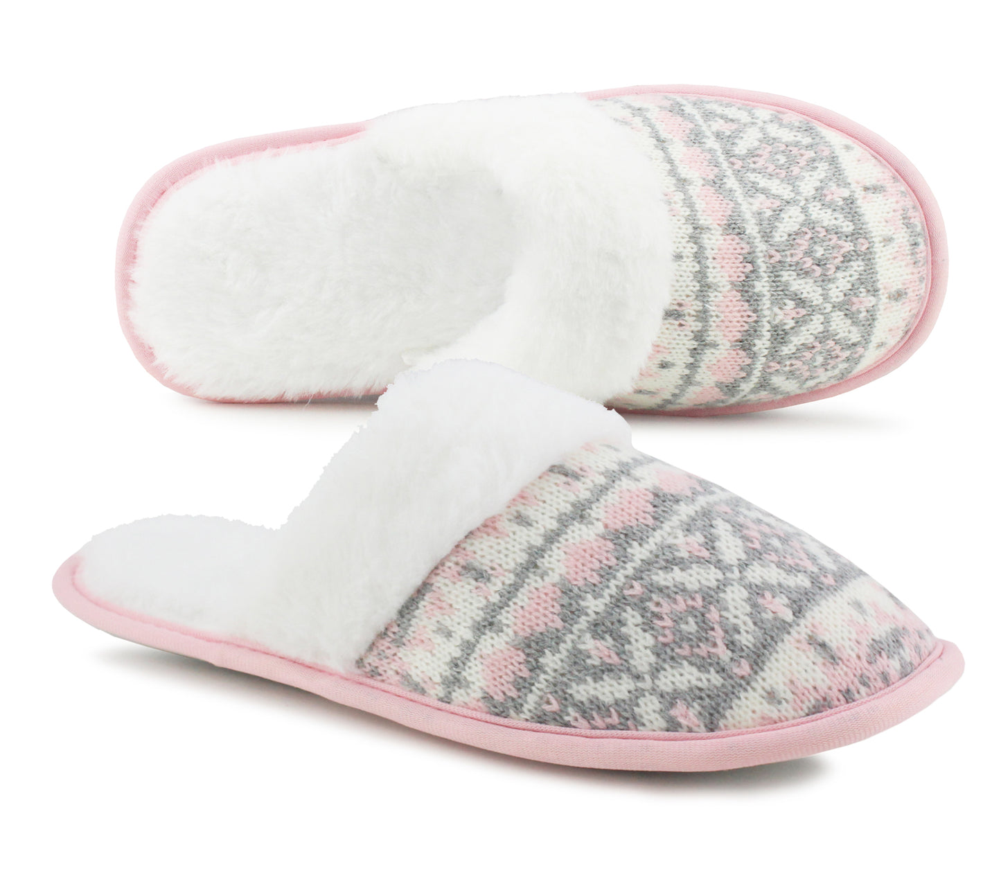 B589673 Womens Faux Fur Fair isle Mules Slippers Pink